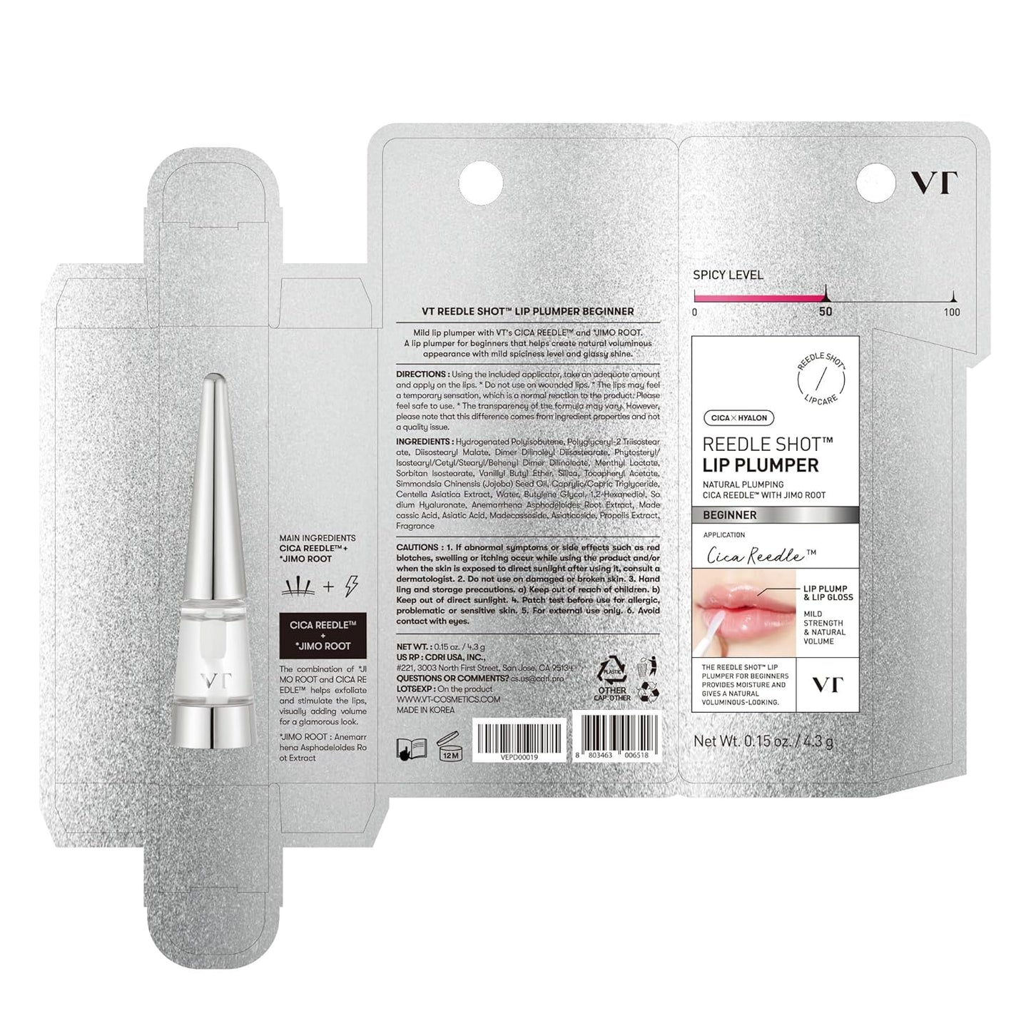 VTCOSMETICS Reedle Shot Lip Plumper, 0.15 oz (4.3 g), Moisturizing, Transparent, Lip Gloss, Fragrance-free, Korean Cosmetics (Beginner)