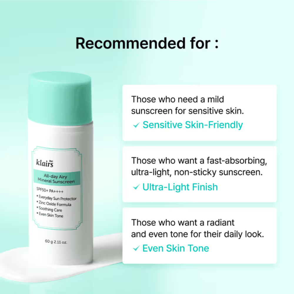 Klairs All-Day Airy Mineral Sunscreen SPF50+ PA++++ (60g)